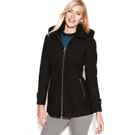 michael michael kors zip front wool blend hooded coat|Michael Kors single breasted coat.